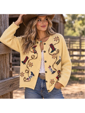 Vintage 90s Rough Rider Western Cowboy Boot Lasso Cardigan Sweater Medium